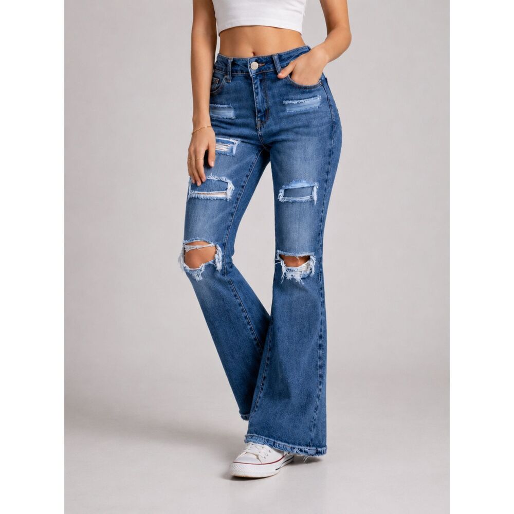 American Eagle Super Hi Rise Flare Jeans Distressed Y2K Stretch Denim - Size 00